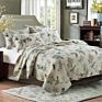 Luxury Vintage Wedding Blue Floral Reversible Patchwork 3 Pieces Cotton Queen Bedspread