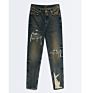 Solid Color Trend Ripped Jeans Zipper Fly Small Feet Enzyme Washed Medium Blue Men Jeans