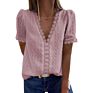 Women Deep V Neck Chiffon Blouse Embroidered Lace Short Sleeve Front and Back Lining Top
