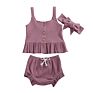 3Pcs/Set Tops+Shorts+Headband Newborn Baby Girls Clothes Ribbed Short Sleeve Ruffles Tanks Toddler Outfits