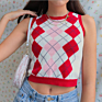 Arrivals Spring Fall Casual Crop Women V-Neck Sleeveless Ladies Plaid Knit Argyle Sweater Vest