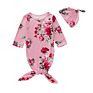 Baby Girls Floral Print Soft and Cute Design Knot Gown Romper with Hat Sleeping Bag Clothes Baby Gown
