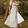 Dress Women Short Puff Sleeve Flroal Printed Ruched Party High Split Long Maxi Dresses Drawstring Vestidos Sundress