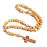 Natural Wood Beads Hand-Woven Wooden Beads Jerusalem Catholic Religious Strand Jewelry Cross Jesus Rosary Necklace