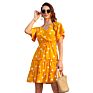 Womens Stripe Midi Dresses V Neck Polka Dot Ruffles Short Sleeve Kimonos Ladies Boho Dresses with Belt