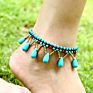 Bohemian Ethnic Wind Hand-Woven Bells Water Drop Bracelet Retro Copper Beads Turquoise Beach Anklet Female