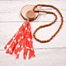 Handmade Wooden Disc Bead Beaded Pendant Women's Necklace Pearl Crystal Leopard Fabric Tassel Long Wool Chain