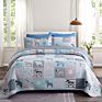 Luxury Vintage Wedding Blue Floral Reversible Patchwork 3 Pieces Cotton Queen Bedspread