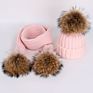 Thick Raccoon Fur Children Fur Pompon Knitted Hats Kids Fur Ball Hats Parent-Child Hat Scarf Set