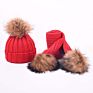 Girl Pompon Hats and Scarves Sets Knitted Warm Nature Fur Pom Pom Hat Scarf Thick Beanies Hats Kids Baby Solid Bones