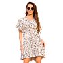 Womens Stripe Midi Dresses V Neck Polka Dot Ruffles Short Sleeve Kimonos Ladies Boho Dresses with Belt