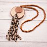 Handmade Wooden Disc Bead Beaded Pendant Women's Necklace Pearl Crystal Leopard Fabric Tassel Long Wool Chain