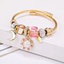 Adjustabler Sun Moon Pendant Women Pink Crystal Stainless Steel Bangle Charm Bracelet