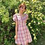 Bow Tie Square Neck Plaid Bubble Sleeve Dress Women Waist A-Line Dress