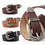 Buckle Black Brown Women Vintage Western Waist Belt Pu Leather Belt for Jeans Dresses