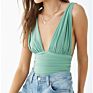 Clothing Nylon Plunging V Neck Ruched Sleeveless Bodysuit