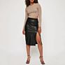 Elegant High Waist Women Faux Leather Midi Split Skirts