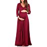 European Solid Color Dress Cross Deep V-Neck Drawstring Waist Three Quarter Sleeve Maternity Long Skirt