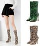 Fall Green Snakeskin Women Mid Calf High Heel Boots Pointed Toe Serpentine Leather Boots Boots Zip