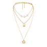Fashionable Triple Layers Pearl Beads Necklace Golden Plated Link Chain Lock Pendant Necklace