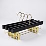 Inspring Black Color Gold Hook and Clips Wood Pant Skirt Hanger with Gold Color Printing Logo