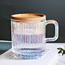 Iridescent Glass Coffee Mug with Lid Premium Classical Vertical Stripes Glass Tea Cup for Latte Tea Chocolate Juice Water