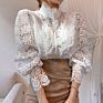 Korean Style Women's White Shirt Vintage Hollow Out Women's Top Casual Sweet Style Lace Long Sleeve Stand Collar Shirt