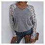 Latest Design Patchwork Stripe Leopard Color Block Woman Long Sleeve Tunic V Neck Knit T Shirt Cotton Blouse Tops Fall Clothing