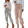 Made Gold Silver Sequin Women Loose Pants with Drawstring