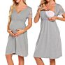 Maternity Feeding Mum Comfy Cross-Front V Neck Solid Lace Short-Sleeve Midi Slim Women's Dress for Pregnancy Sleep Wear