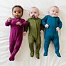 Newborn Baby Clothes Kids Clothing Natural Fabric Plain Solid Ruffle Long Sleeves 100% Bamboo Footie Zipper Baby Pajamas