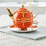 Nordic Style Teapot Cup Saucer Set Red Color Decal Design Gold Rim Handle Ceramic Bone Tea for One Set