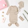 Organic Cotton Ribbed Baby Sleepsuit Baby Gown Bonnet Hat Headband 3Pcs Set