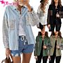 Oversize Leopard Print Contrast Long Blue Women Denim Jeans Jacket for Ladies