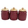Set of 3 Red Glazed Stoneware Spice Storage Canister Condiments Ceramic Jar with Wooden Lid