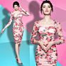 Spot Sales Woman Clothes Apparel Elegant Floral Casual Dresses Square Collar Long Sleeve Slim