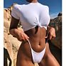 Style Tied Bikini Half - Sleeved Pure Color T Shirt Top Bikini with Removable Padded