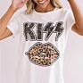 T Shirt Women Kiss Letter Print Leopard Lip round Neck Short Sleeve Woman Tee Tops Casual Female T-Shirts plus Size