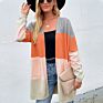 Top Long Sweater Jacket Open Front Women Color Clash Block Rainbow Cardigan