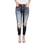 Top Women's High Elastic Ripped Skinny Jeans Button Slim Mid-Waist Jeans Women's Denim Trousers