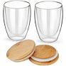 Transparent Milk Mugs 12 Oz Double Wall Clear Glass Coffee Cups with Bamboo Lid