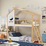 Twin over Twin Bunk Bed Wood Bed with Roof and Ladder for Kids