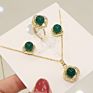 Vintage Stainless Steel Jewelry Natural Jade Bridal Jewelry Set Micro Paved Cz Green Gemstone Emerald Necklace Ring Earrings Set