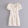White Color Floral Print Women Short Sleeve Sweet Design Casual Cute Slim Fit Mini Dress