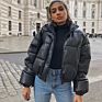 Women Black Pu Leather Coats Women Zipper Cotton Jackets Faux Leather Puffer Jack
