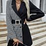 Womens Belted Spliced Long Double Breasted Black White Plaid Blazer