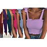Women's Frill Smocked Crop Tank Top Bow Tie Strap Shoulder Bandeau Stretch Tube Top