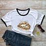 Short Sleeves Lips Leopard Print T Shirts for Women