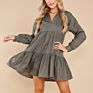 100 Cotton Fitted Twill Solid Color V Neck Dresses Dark Olive Green Long Sleeve Gathered 2 Tier Skirt Dress