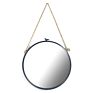 24 Inch 62Cm Hanging Wall Mounted round Morden Black Metal Frame Mirror Decorative with Hemp Rope Strap for Living Room